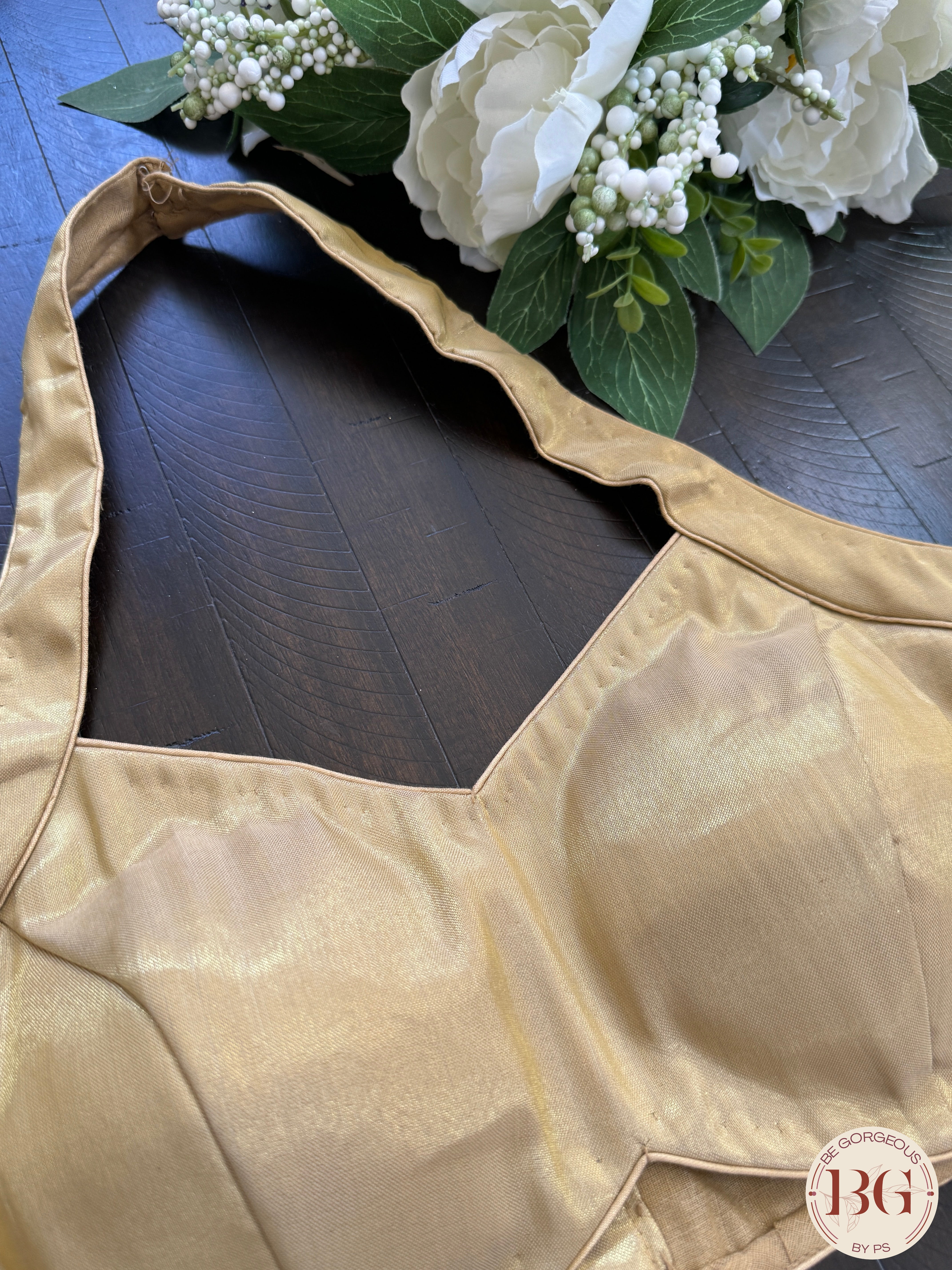 Raw silk readymade blouse with halter neck - gold