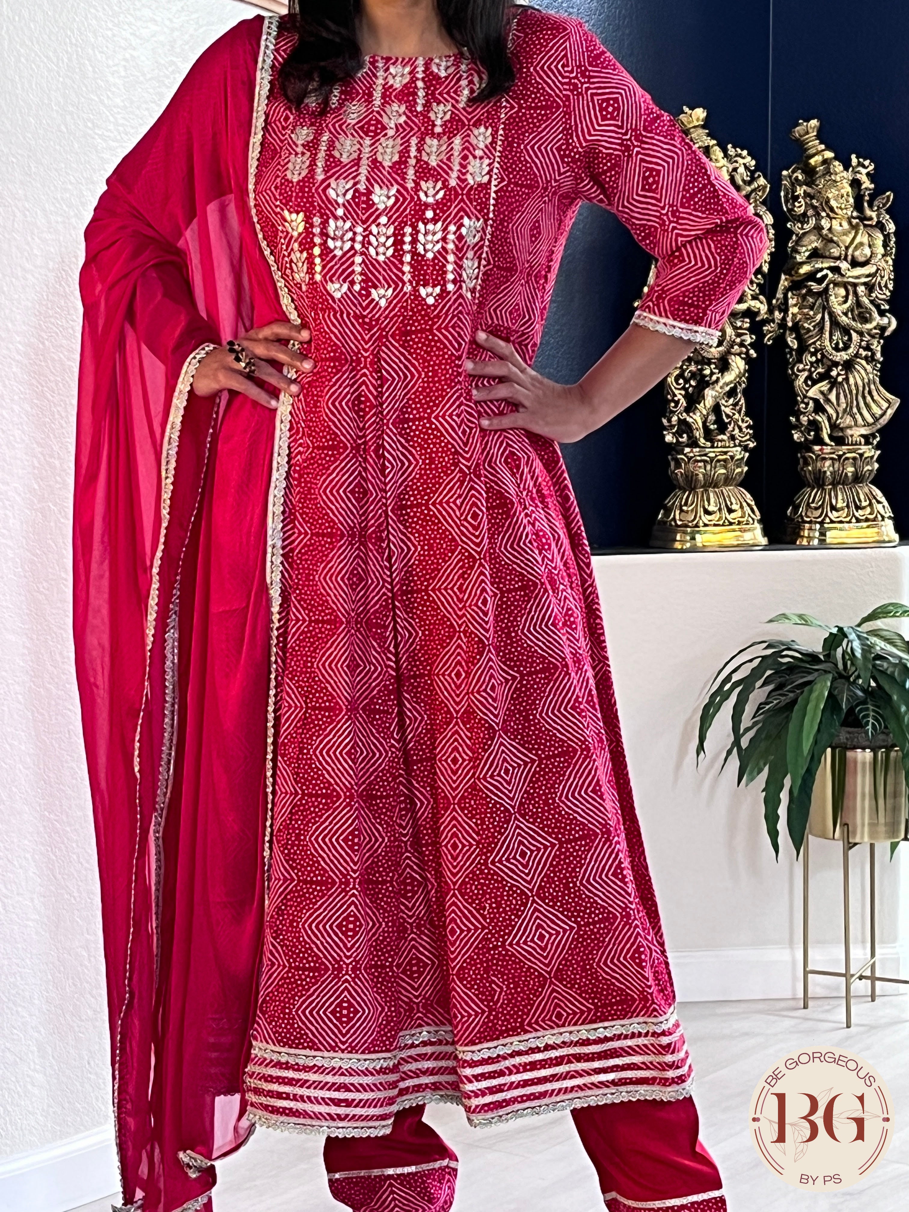 Anarkali Suit set with pant and dupattain gorgeous bandhani print, gota detailing and rani color