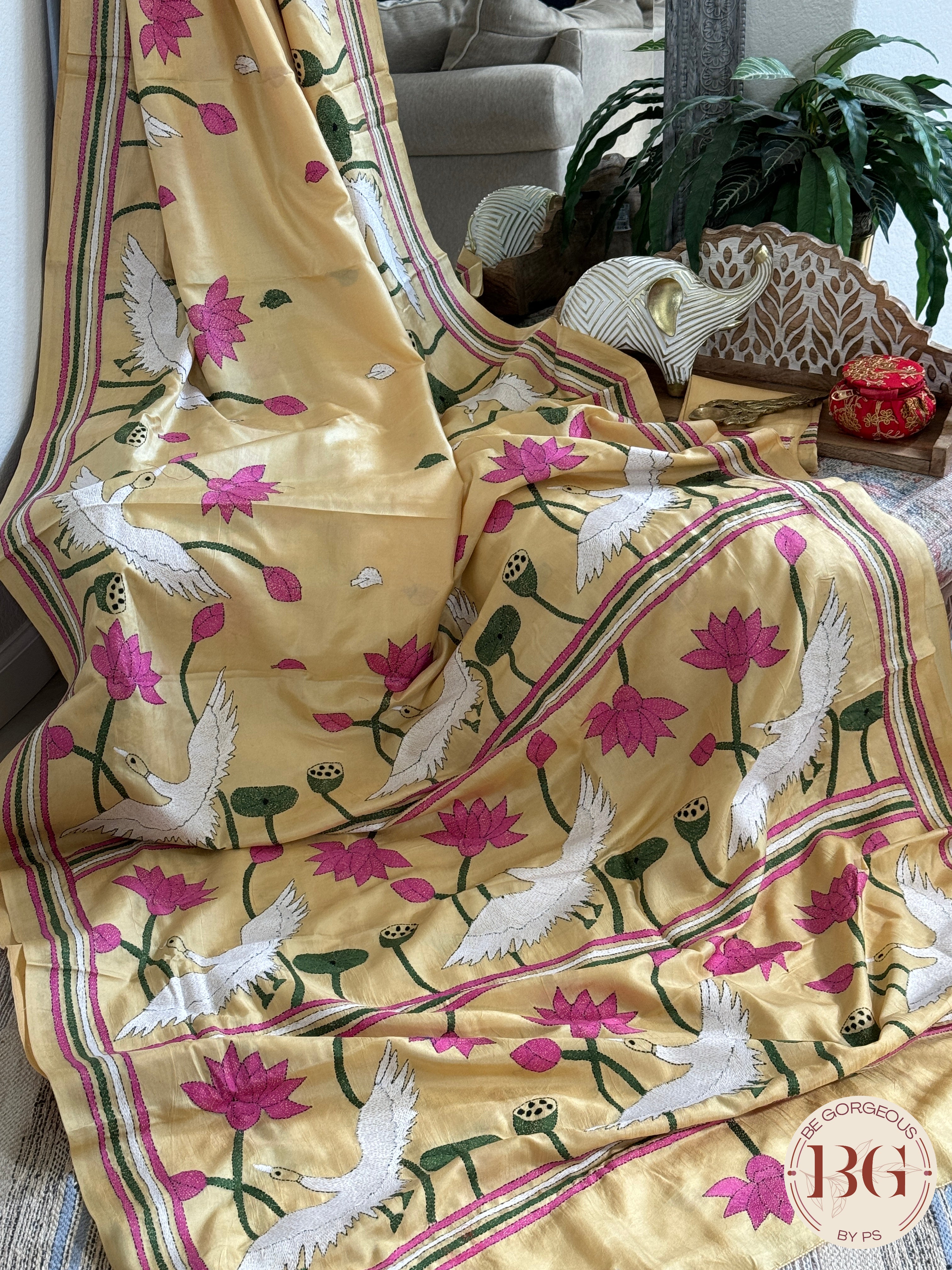 Bangalore Silk Kantha Stitch Birds Saree - Yellow Silk mark certified