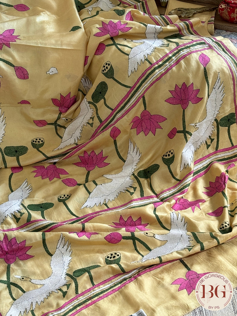 Bangalore Silk Kantha Stitch Birds Saree - Yellow Silk mark certified