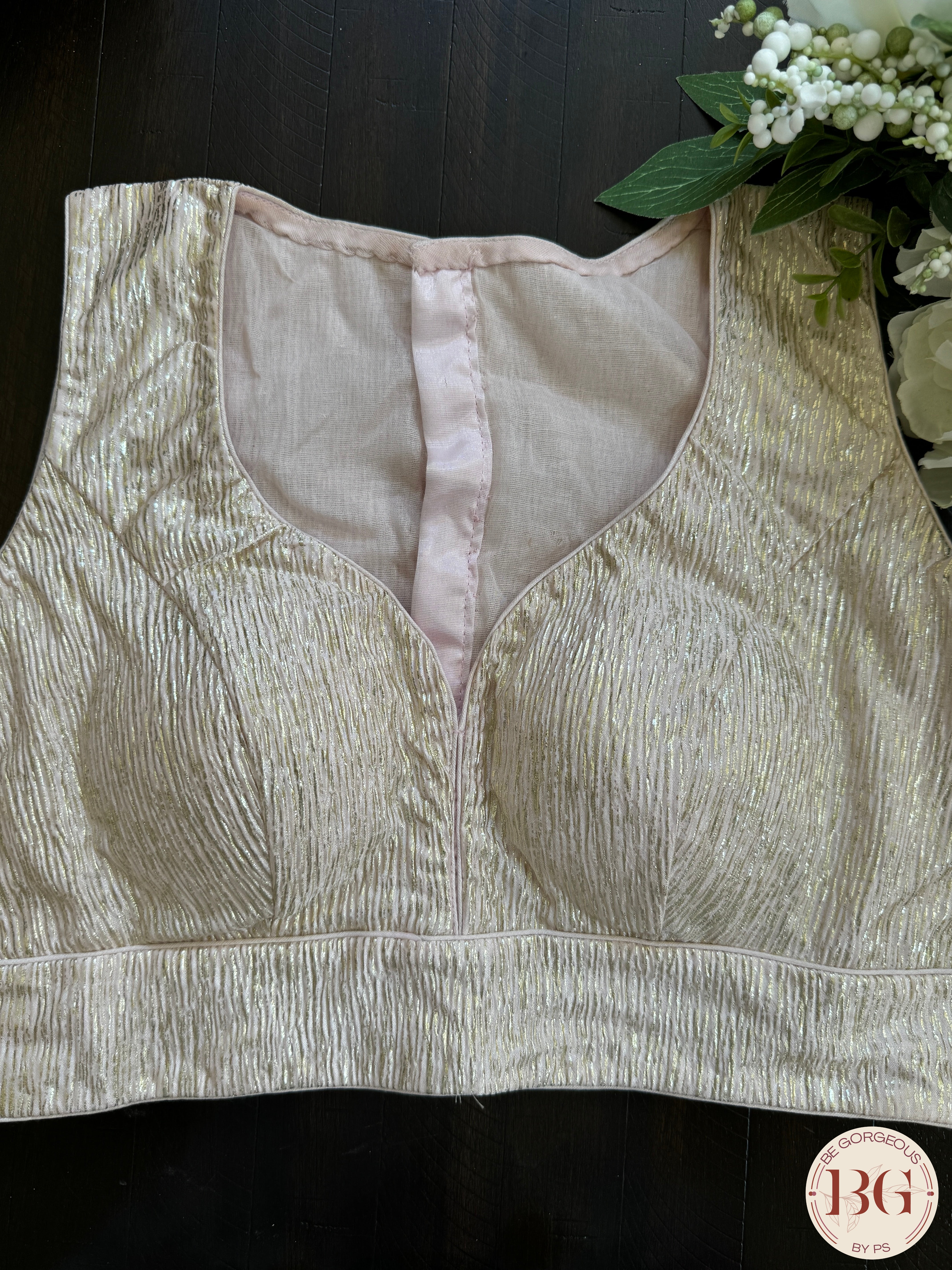 Raw silk readymade blouse with foil print - baby pink