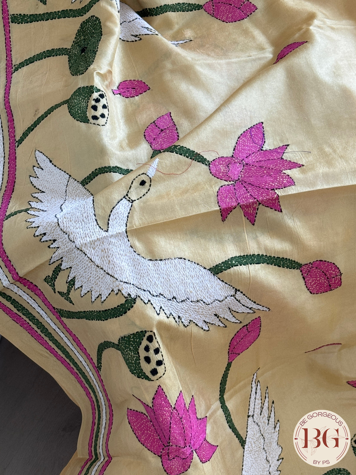 Bangalore Silk Kantha Stitch Birds Saree - Yellow Silk mark certified