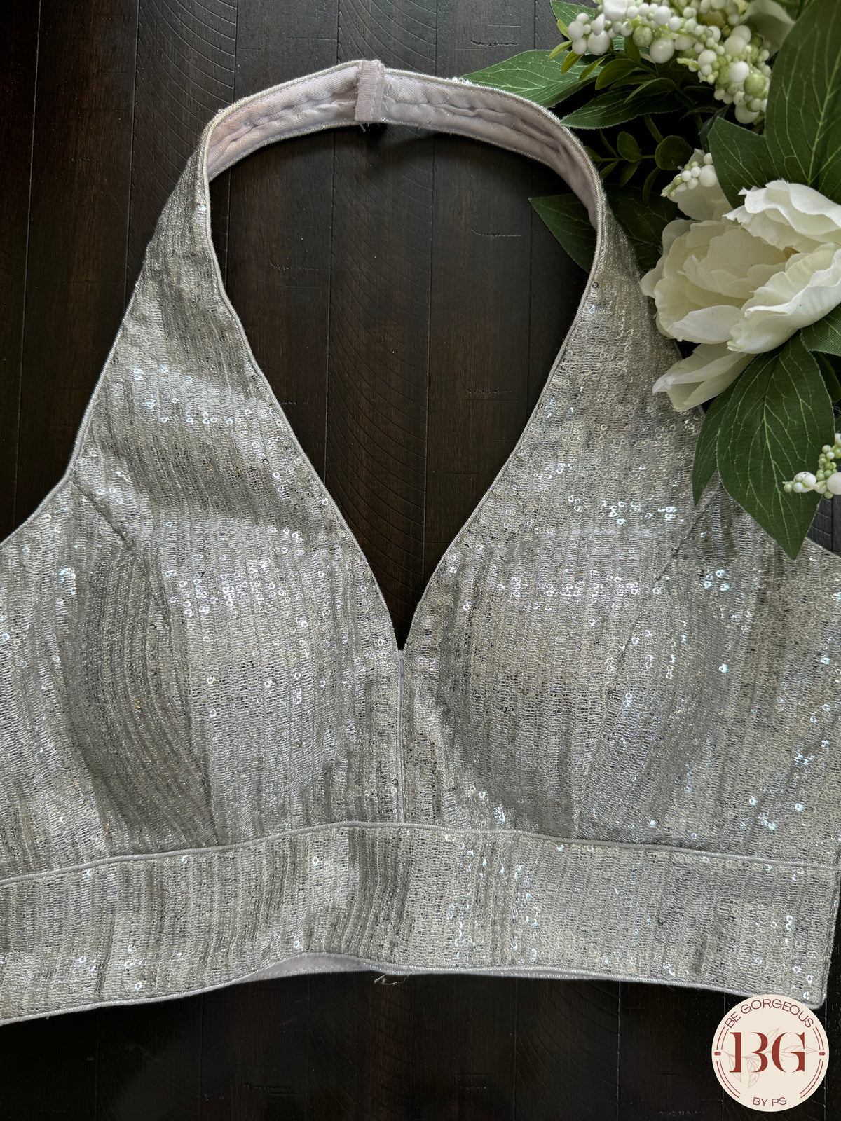 Sequin readymade blouse with halter neck- silver