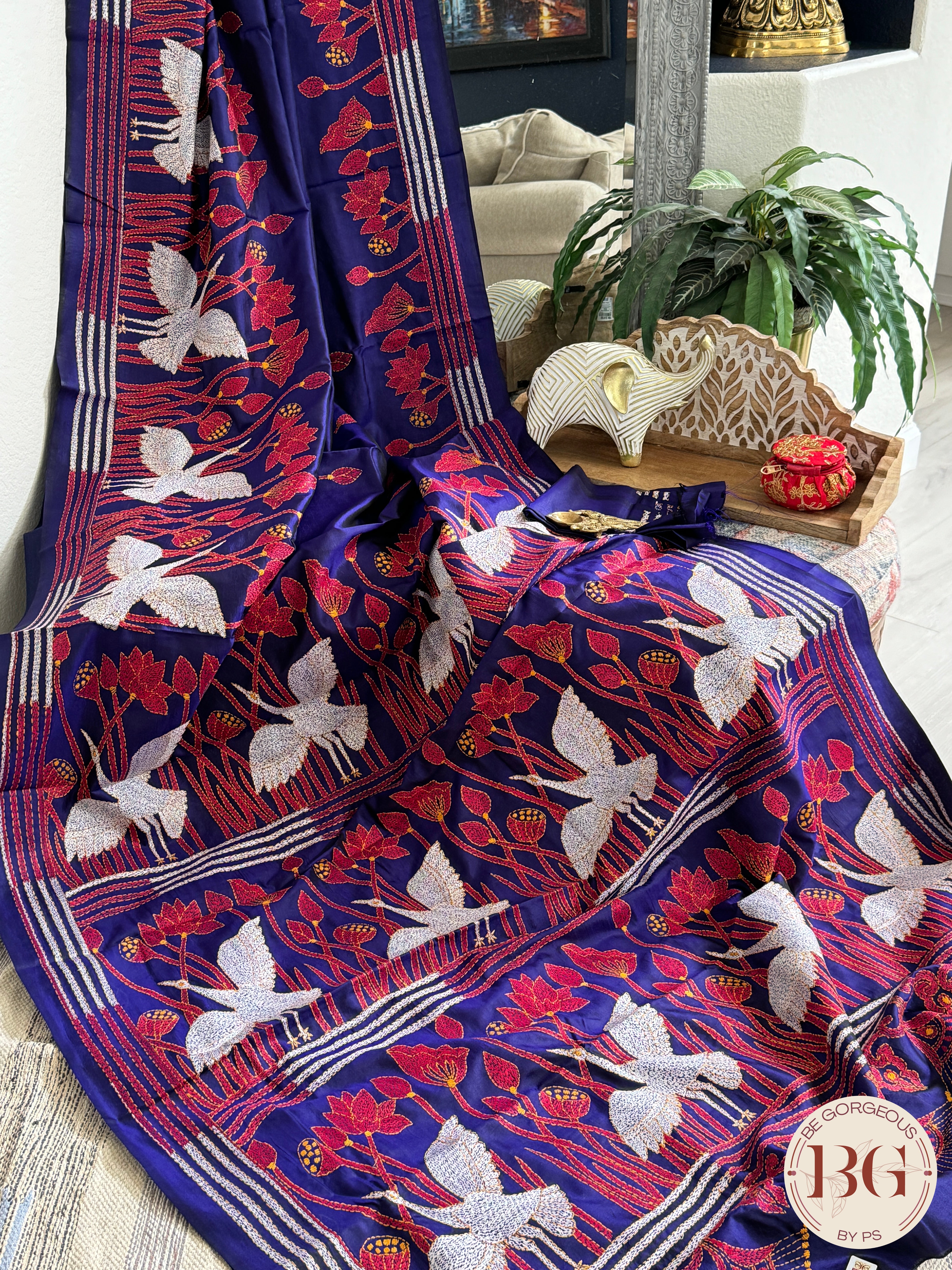 Bangalore Silk Kantha Stitch Birds Saree - Blue Silk mark certified