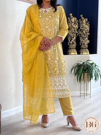 3-piece suit set in muslin silk cloth with white thread work all over