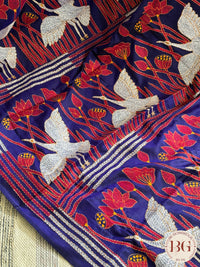 Bangalore Silk Kantha Stitch Birds Saree - Blue Silk mark certified