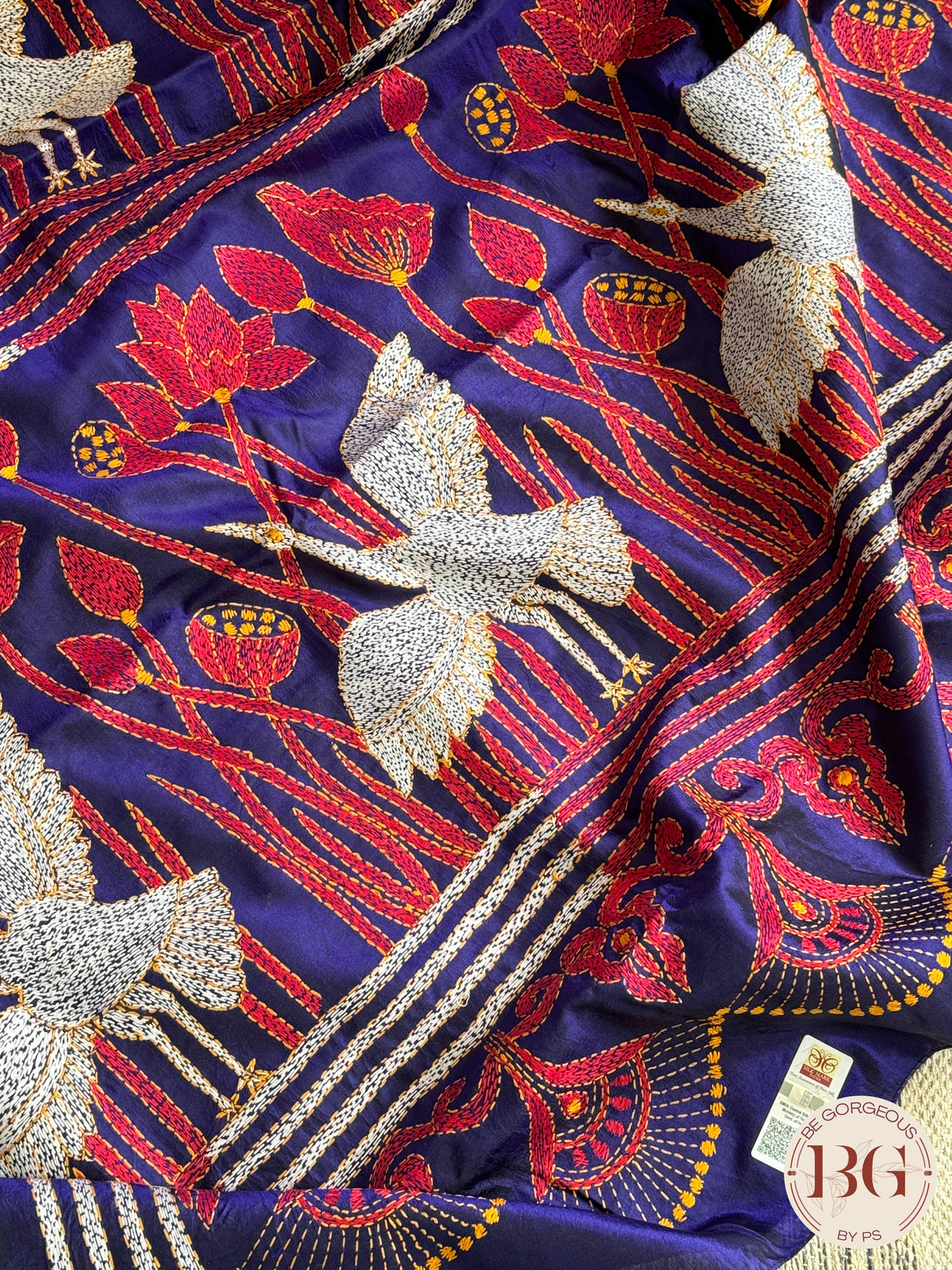 Bangalore Silk Kantha Stitch Birds Saree - Blue Silk mark certified