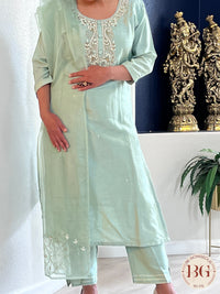 Party wear 3 piece muslin silk suit with organza dupatta