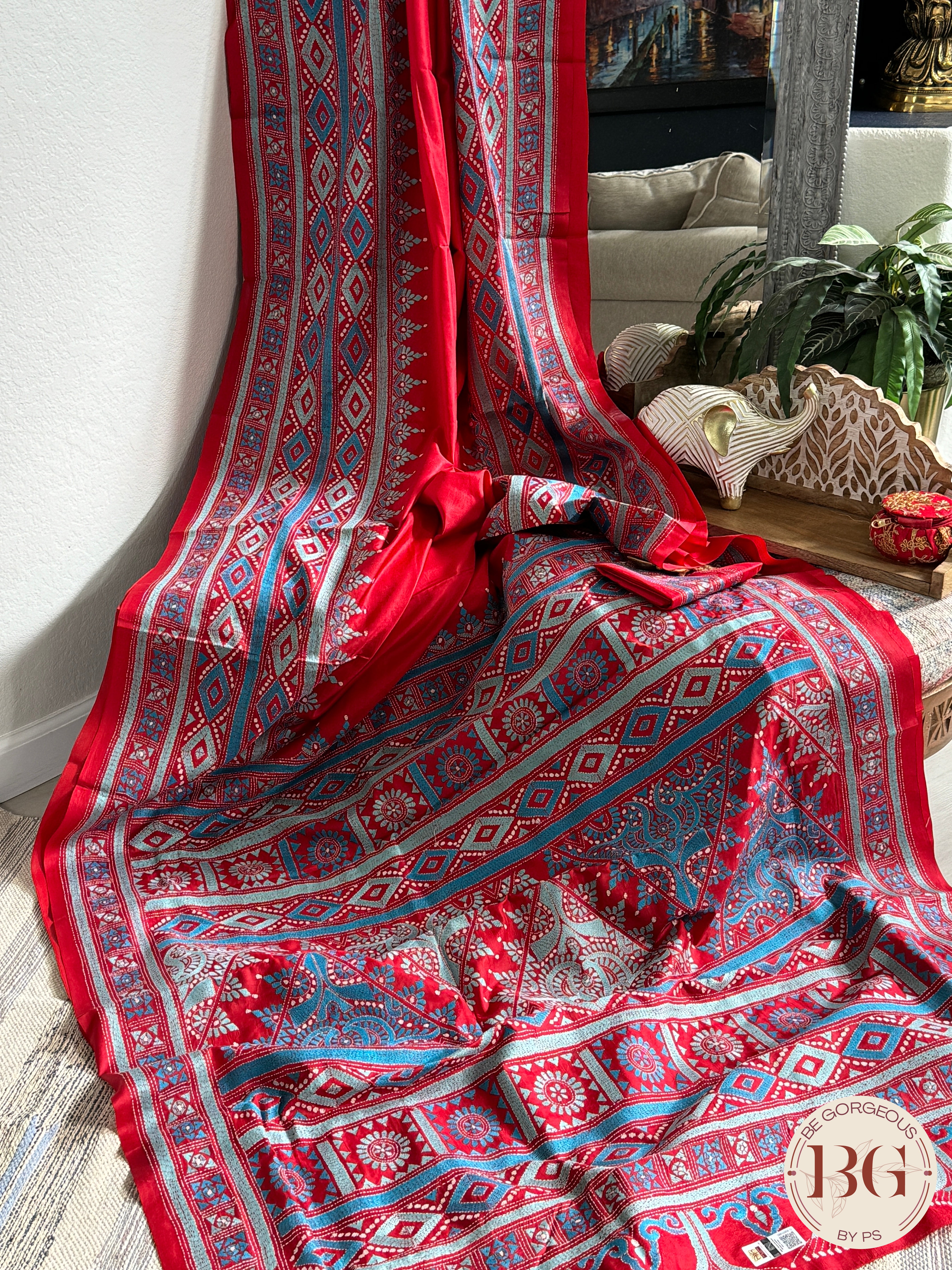 Bangalore Silk Kantha Stitch Saree - Blue Red Silk mark certified