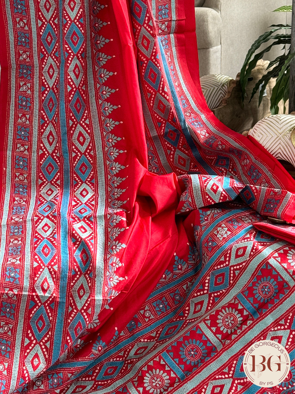 Bangalore Silk Kantha Stitch Saree - Blue Red Silk mark certified