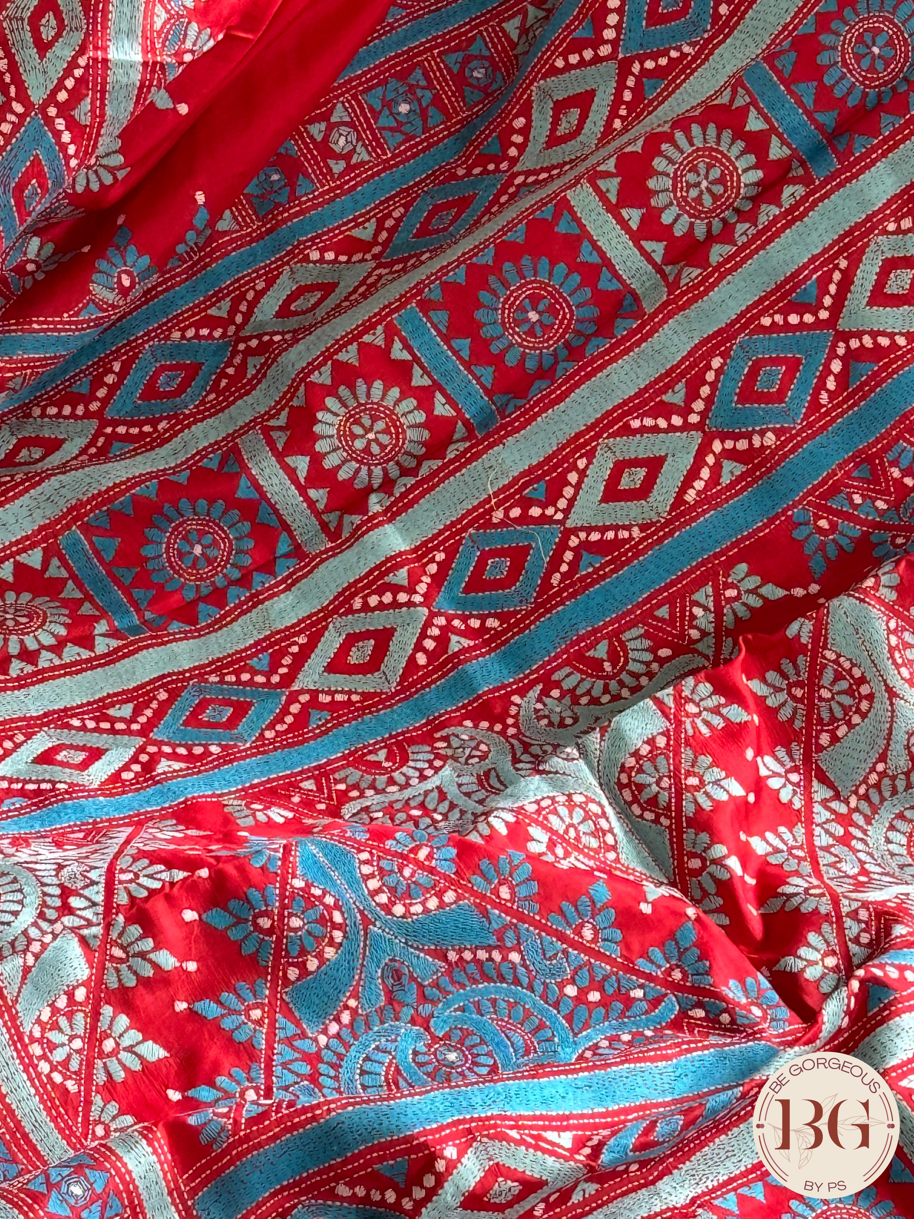 Bangalore Silk Kantha Stitch Saree - Blue Red Silk mark certified