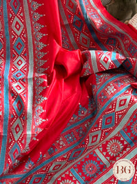 Bangalore Silk Kantha Stitch Saree - Blue Red Silk mark certified