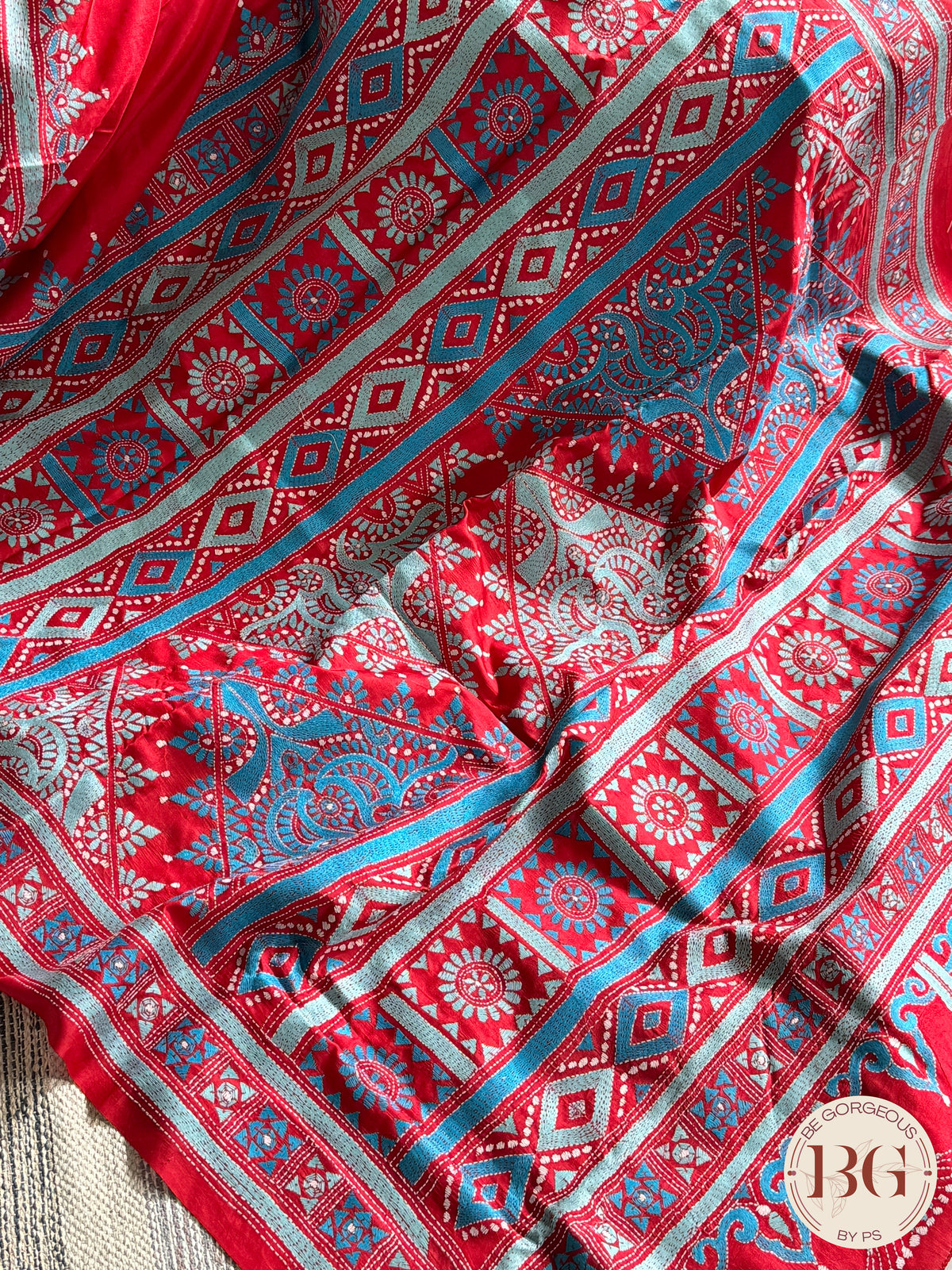 Bangalore Silk Kantha Stitch Saree - Blue Red Silk mark certified