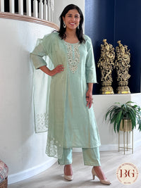 Party wear 3 piece muslin silk suit with organza dupatta