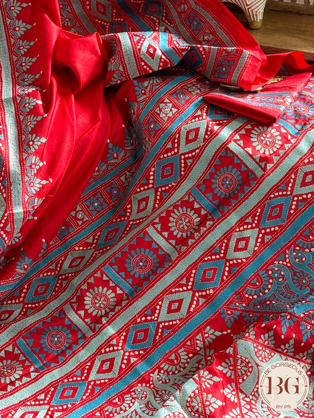 Bangalore Silk Kantha Stitch Saree - Blue Red Silk mark certified