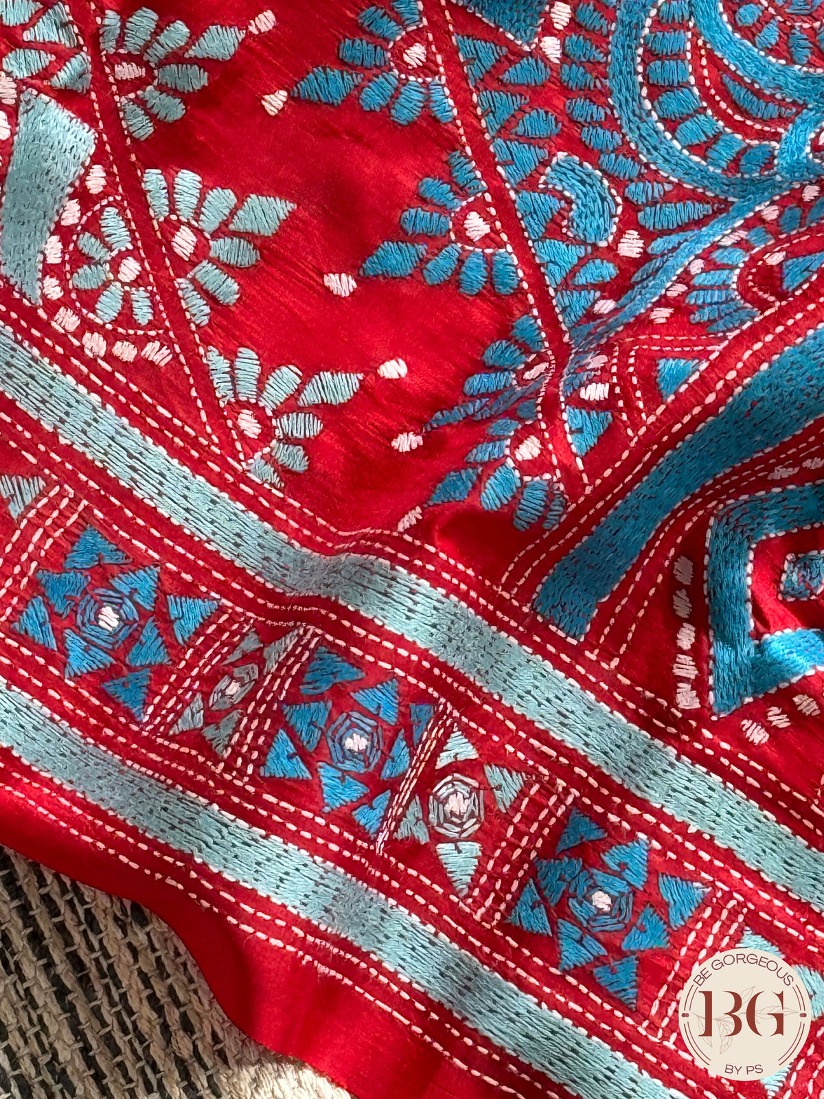 Bangalore Silk Kantha Stitch Saree - Blue Red Silk mark certified