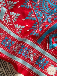 Bangalore Silk Kantha Stitch Saree - Blue Red Silk mark certified