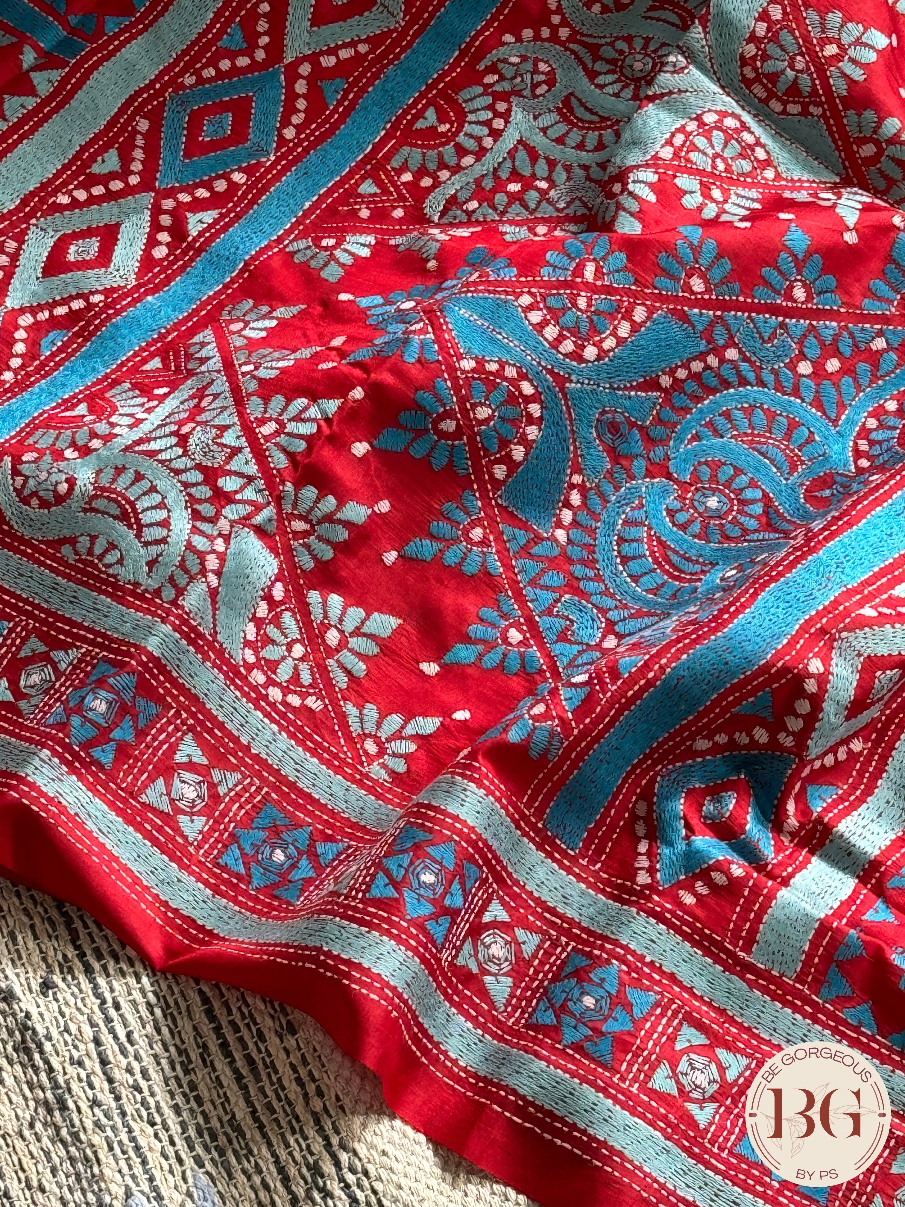 Bangalore Silk Kantha Stitch Saree - Blue Red Silk mark certified