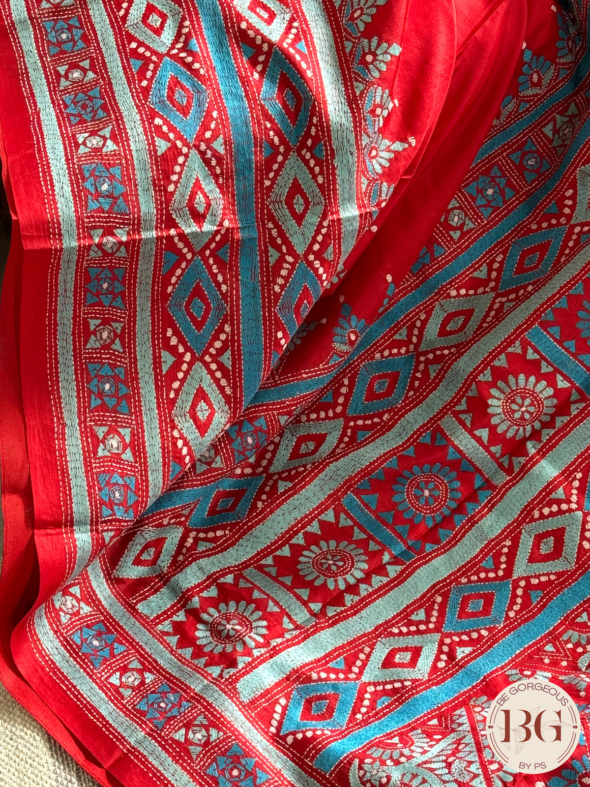 Bangalore Silk Kantha Stitch Saree - Blue Red Silk mark certified