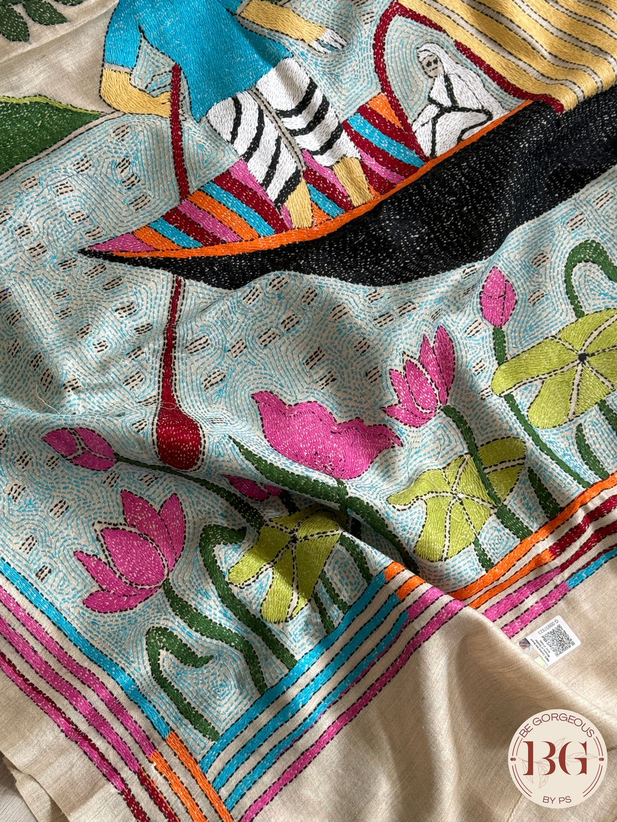 Tussar Silk Kantha Stitch Village theme Saree - Beige Multicolor Silk mark certified