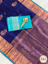 Pure Kanjeevaram Silk with copper zari border and pallu color - navy blue