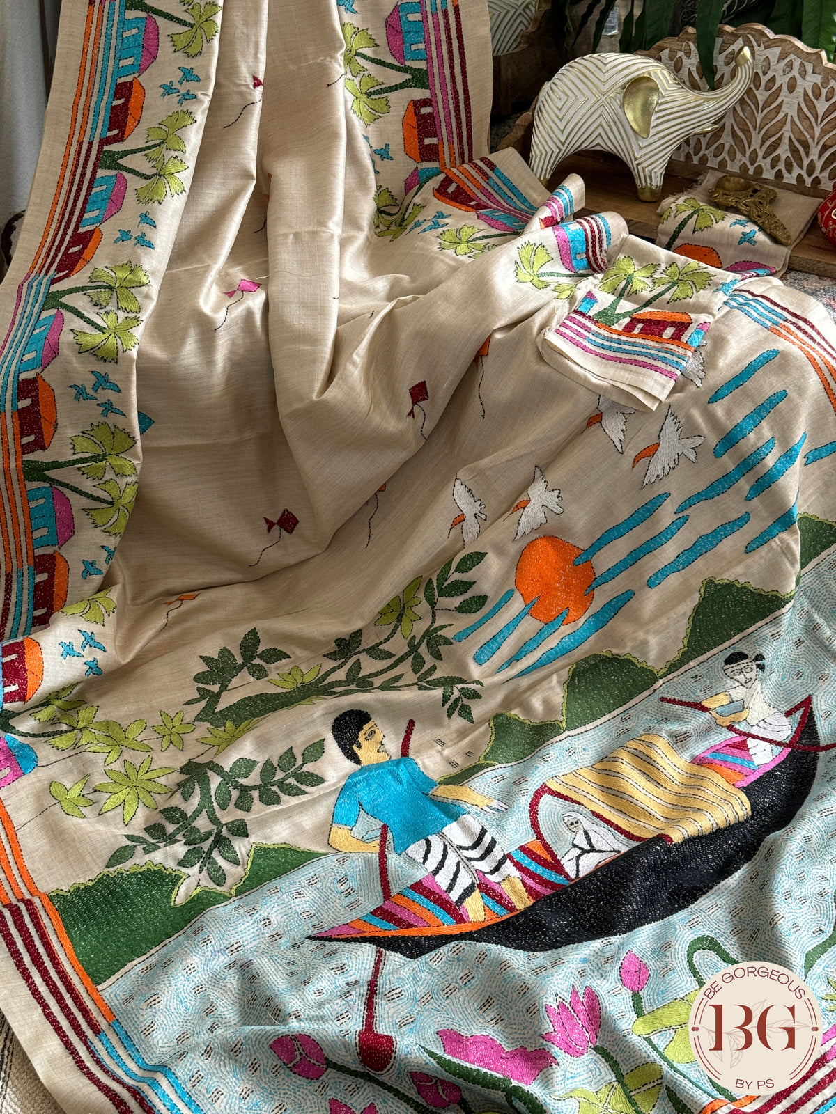 Tussar Silk Kantha Stitch Village theme Saree - Beige Multicolor Silk mark certified