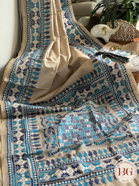 Tussar Silk Kantha Stitch Saree - Beige Blue Silk mark certified