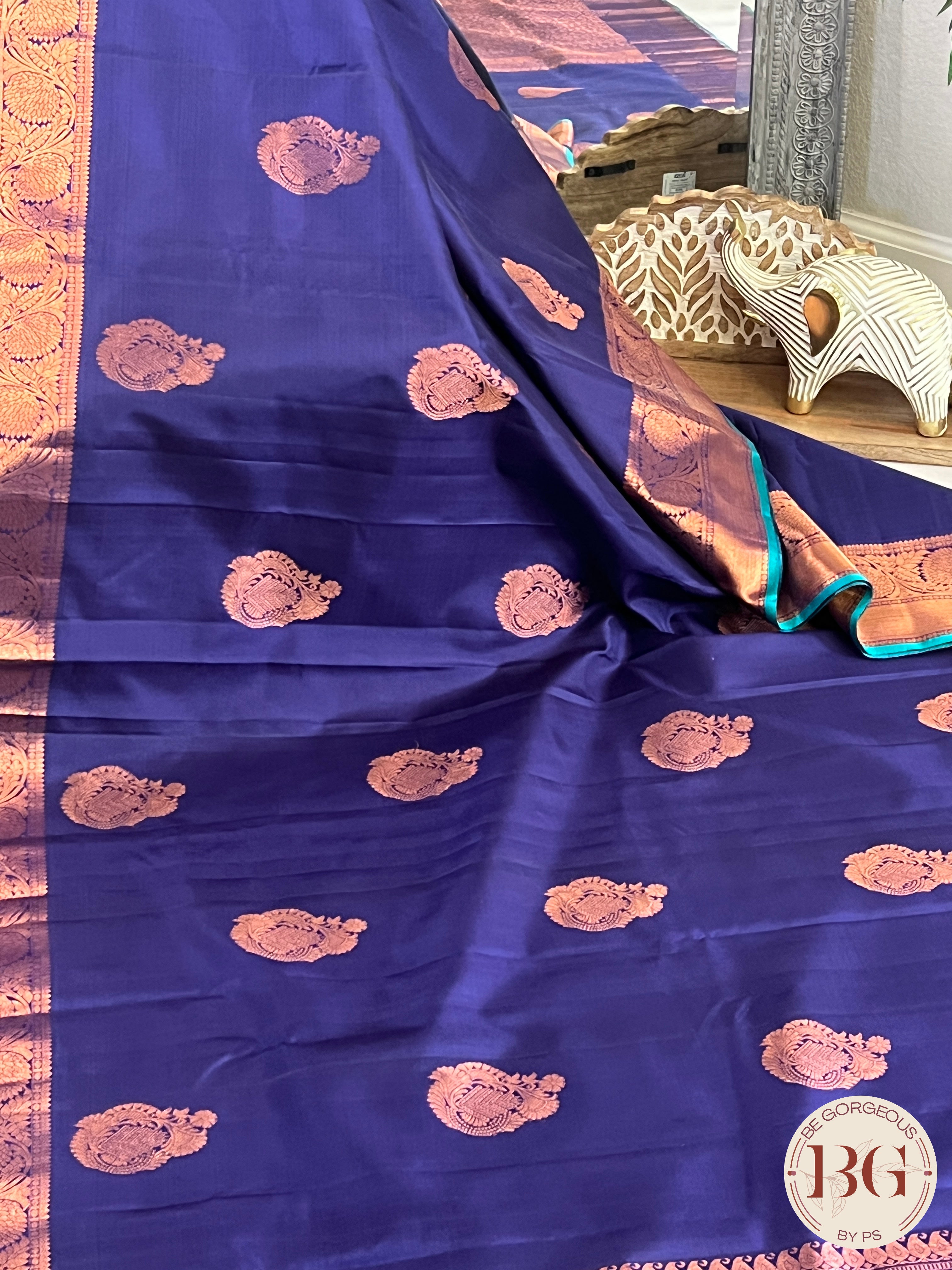 Pure Kanjeevaram Silk with copper zari border and pallu color - navy blue