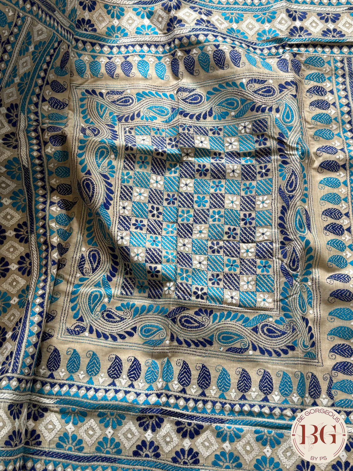 Tussar Silk Kantha Stitch Saree - Beige Blue Silk mark certified