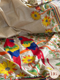 Tussar Silk Kantha Stitch Parrot Saree - Beige Multicolor Silk mark certified