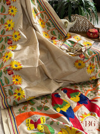 Tussar Silk Kantha Stitch Parrot Saree - Beige Multicolor Silk mark certified
