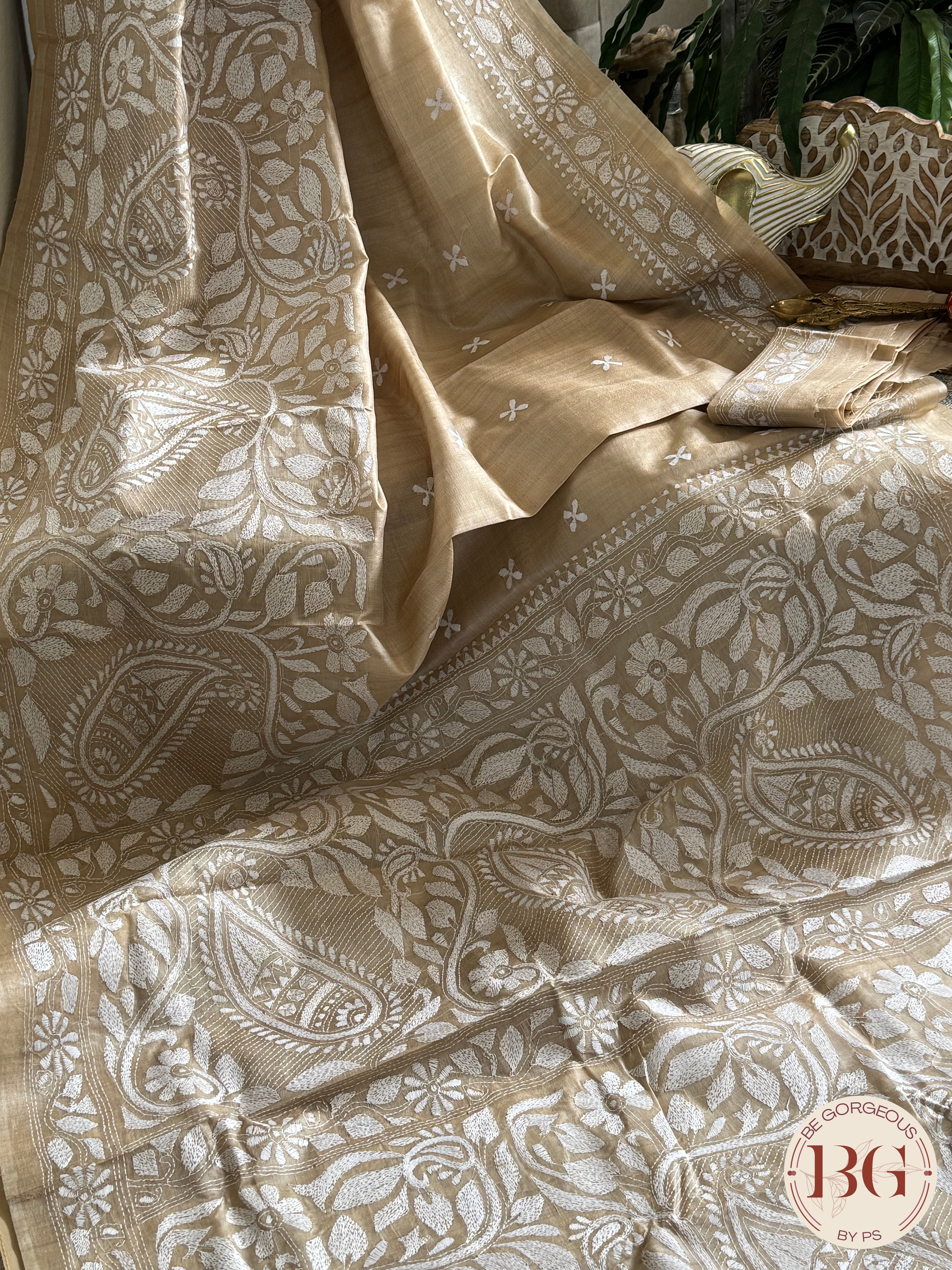 Tussar Silk Kantha Stitch Saree - Beige White Silk mark certified