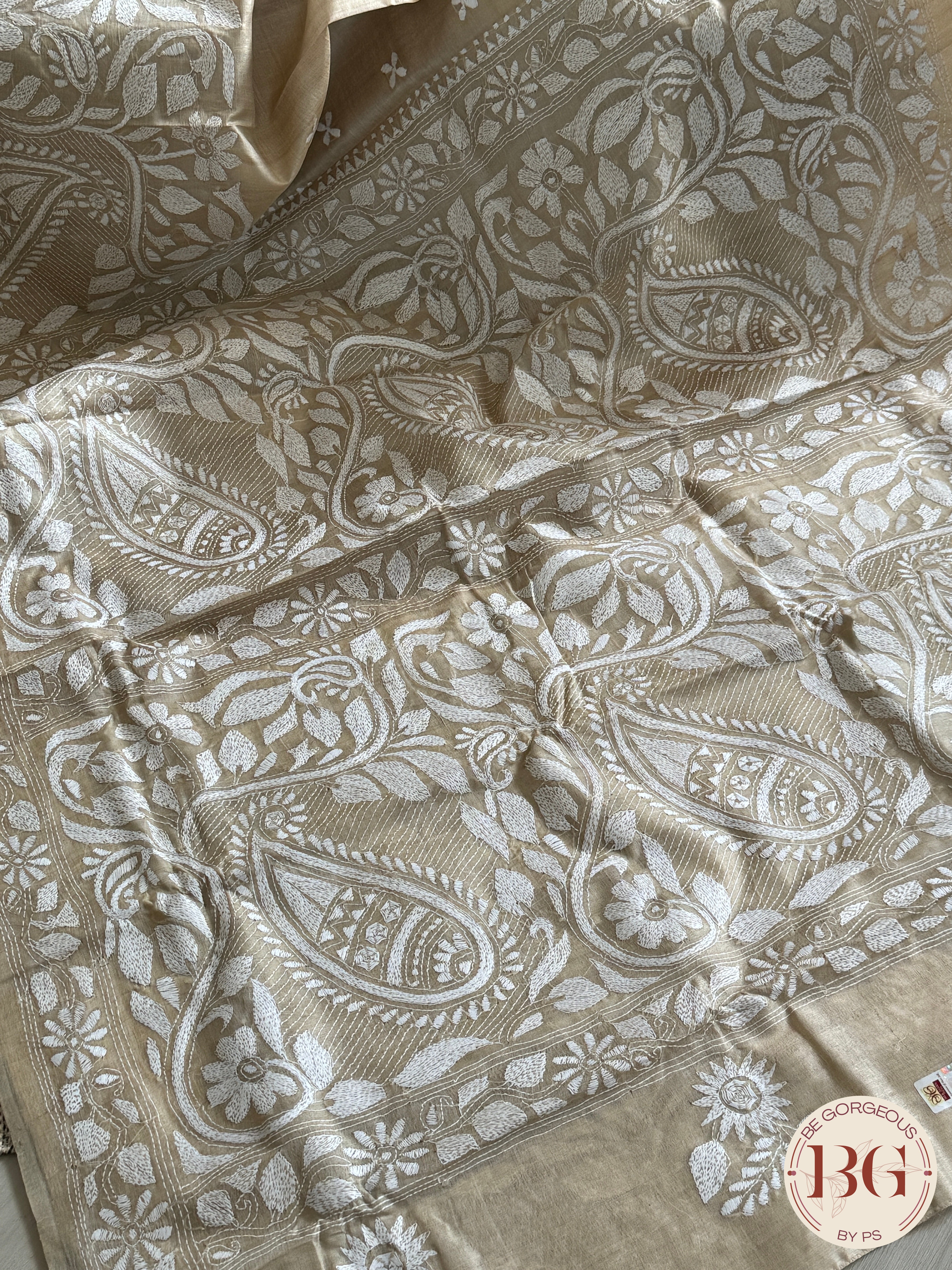 Tussar Silk Kantha Stitch Saree - Beige White Silk mark certified