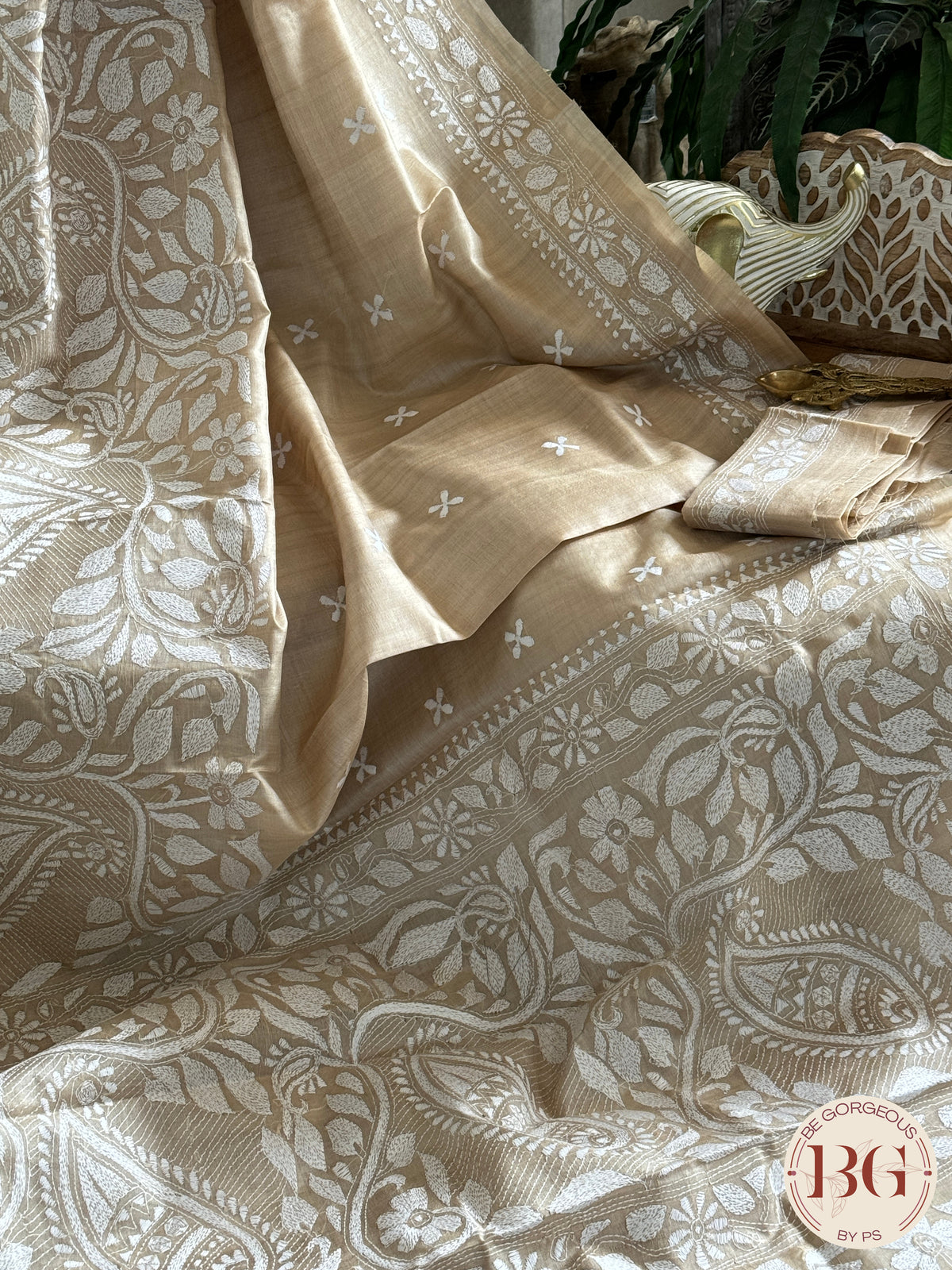 Tussar Silk Kantha Stitch Saree - Beige White Silk mark certified