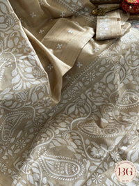 Tussar Silk Kantha Stitch Saree - Beige White Silk mark certified