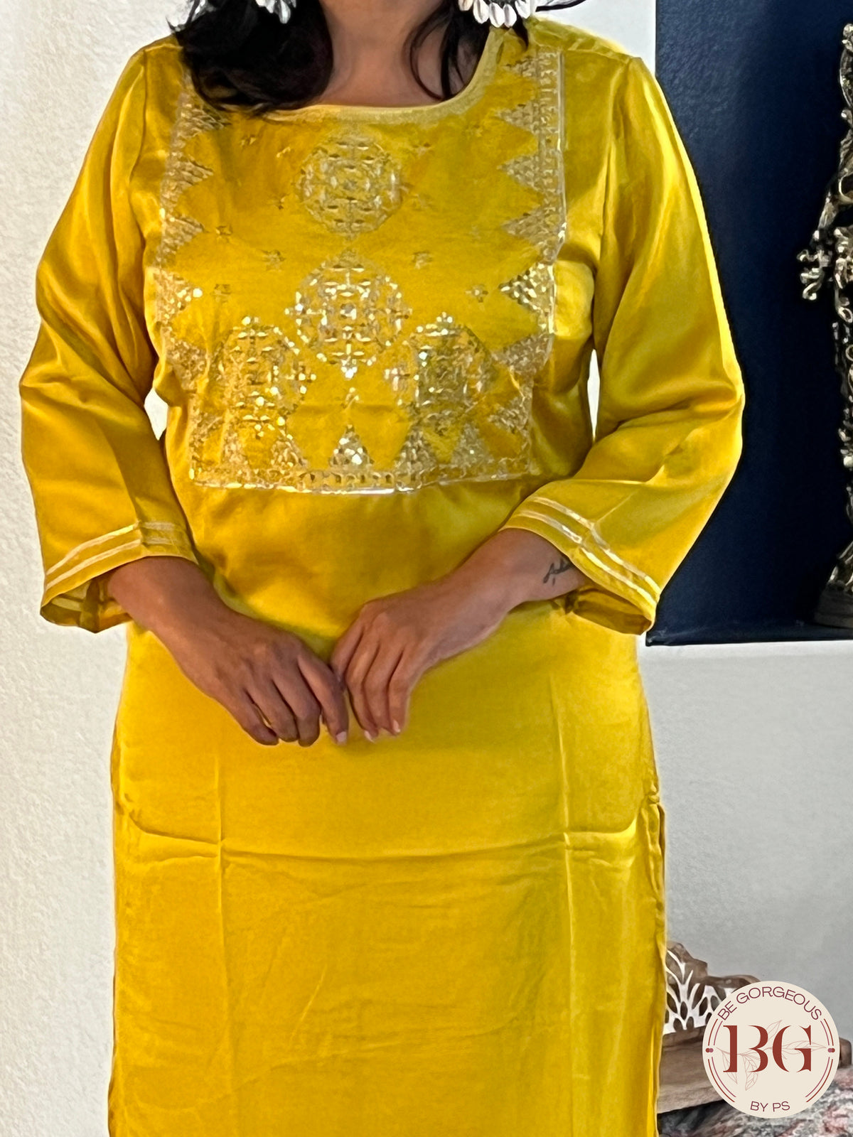 Muslin silk kurti with gota work in yellow/golden color