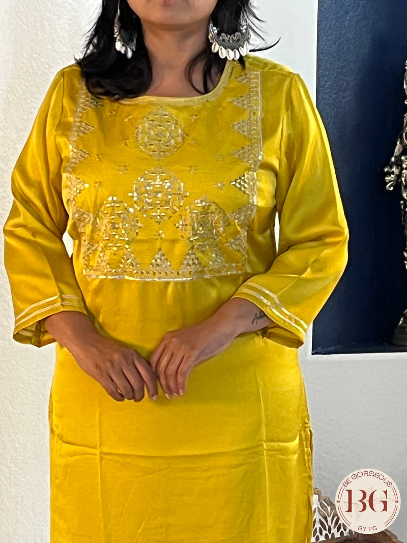 Muslin silk kurti with gota work in yellow/golden color