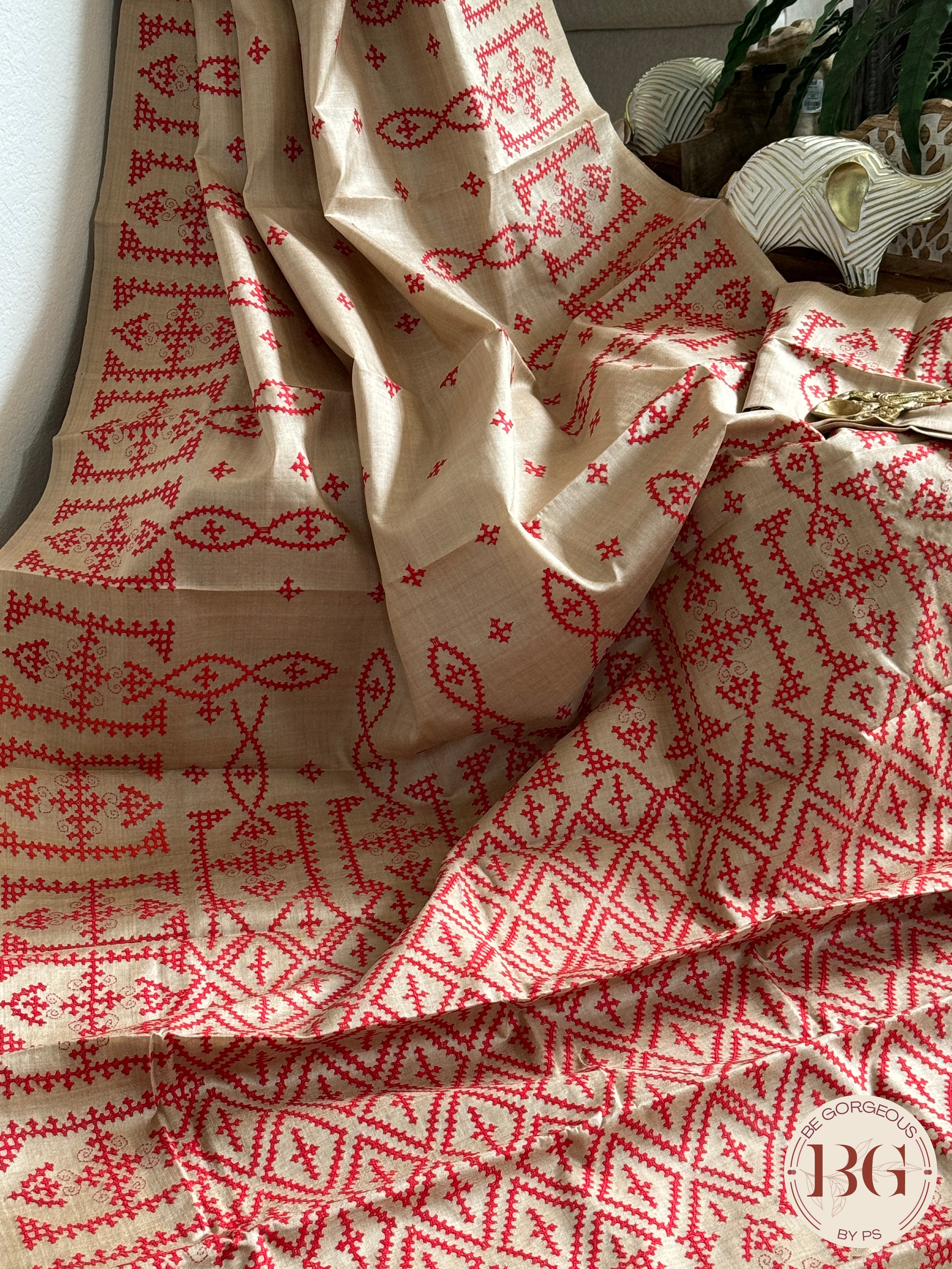 Tussar Silk Kutch Stitch Saree - Beige Red Silk mark certified