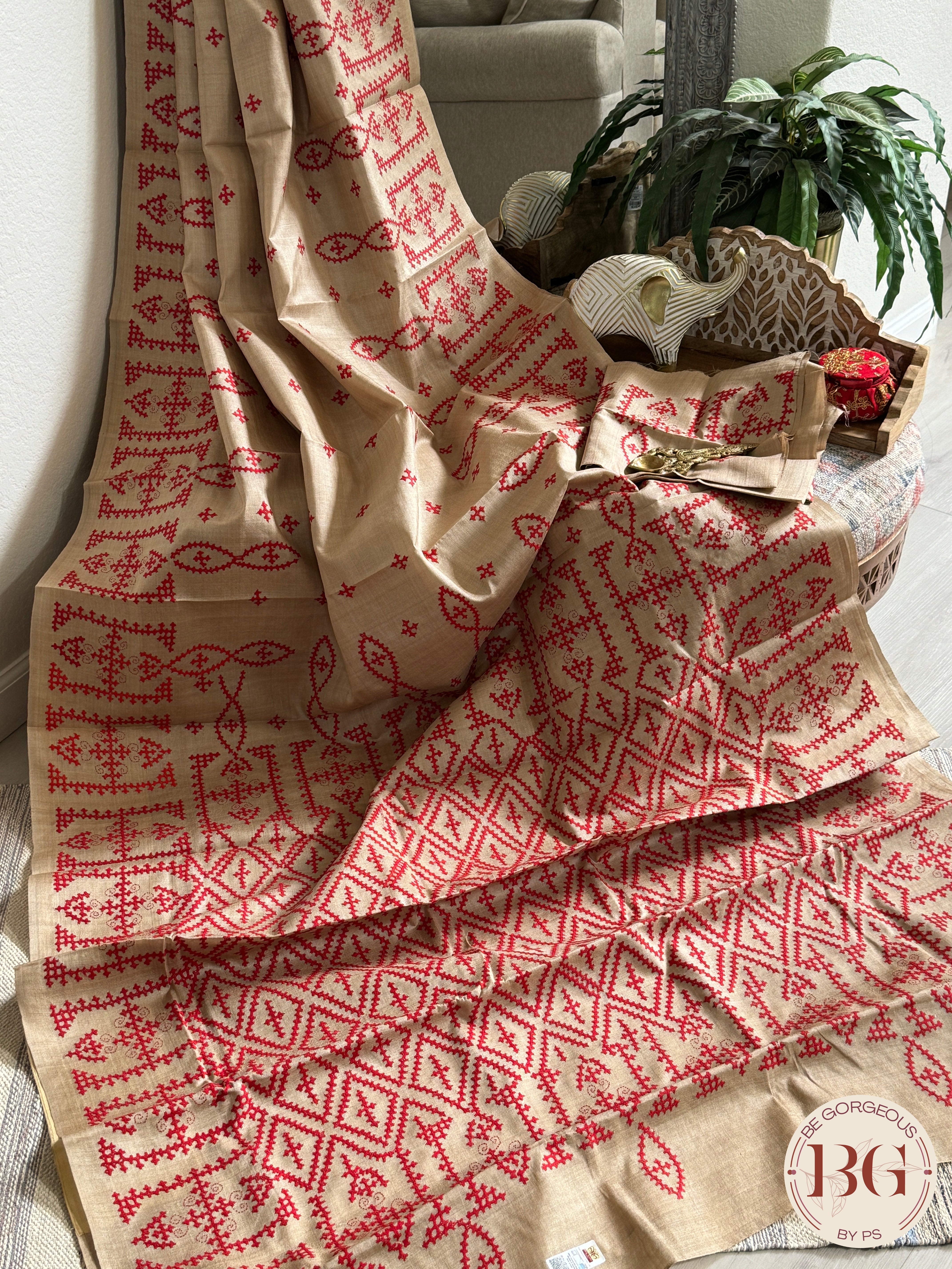 Tussar Silk Kutch Stitch Saree - Beige Red Silk mark certified