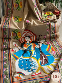 Tussar Silk Kantha Stitch Saraswati Saree - Beige Silk mark certified