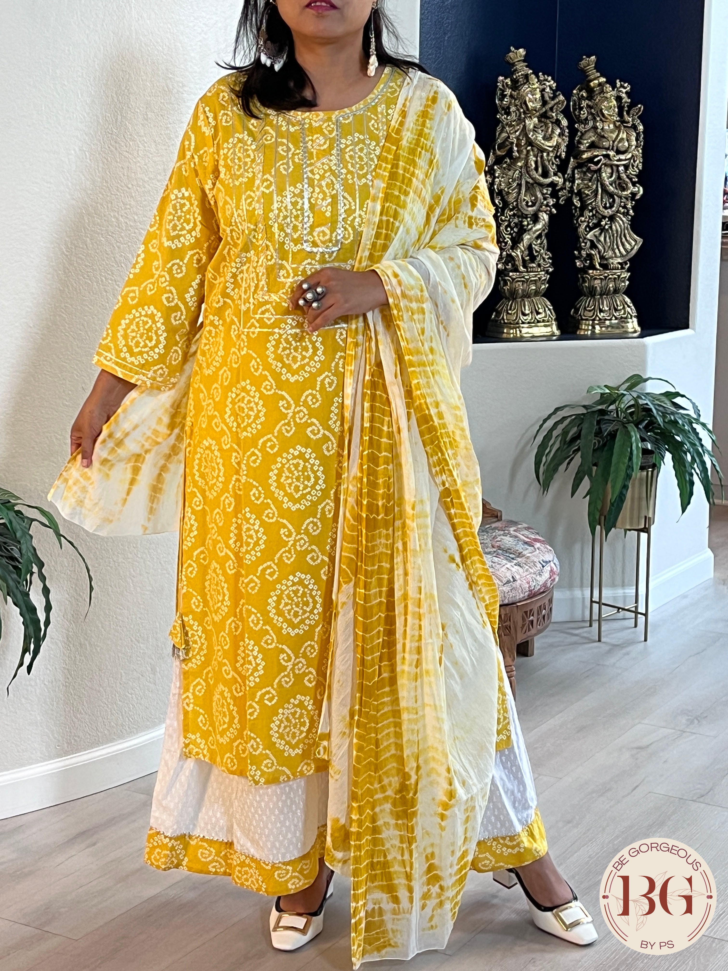 Flared palazzo 3 -piece cotton set with bandhani prints and gorgeous yellow color