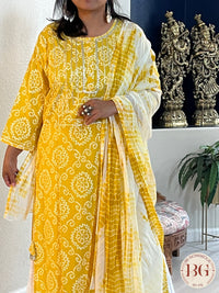 Flared palazzo 3 -piece cotton set with bandhani prints and gorgeous yellow color