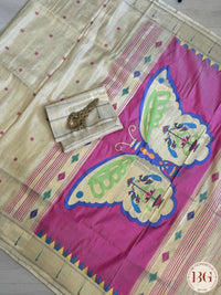 Paithani Pure silk handloom saree with Single muniya - Off White Pink