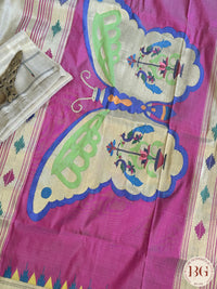 Paithani Pure silk handloom saree with Single muniya - Off White Pink