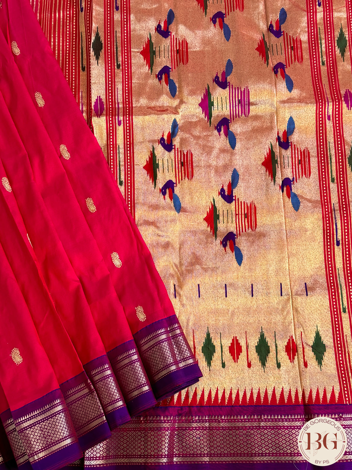 Paithani Pure Silk Handloom Saree - Pink Red with purple