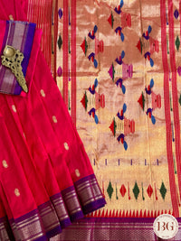 Paithani Pure Silk Handloom Saree - Pink Red with purple