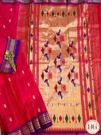 Paithani Pure Silk Handloom Saree - Pink Red with purple