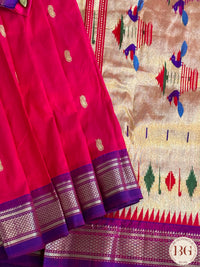 Paithani Pure Silk Handloom Saree - Pink Red with purple