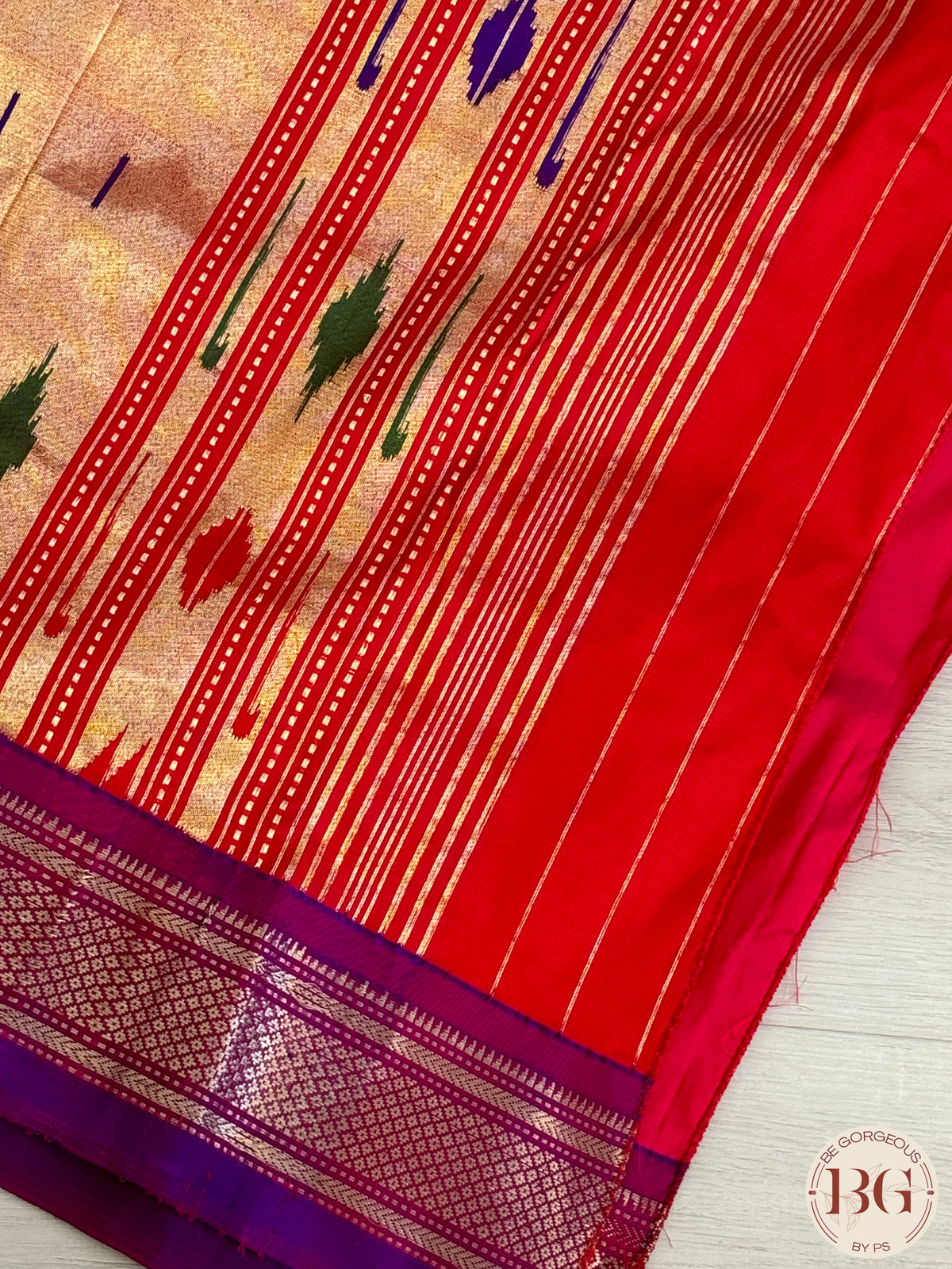 Paithani Pure Silk Handloom Saree - Pink Red with purple