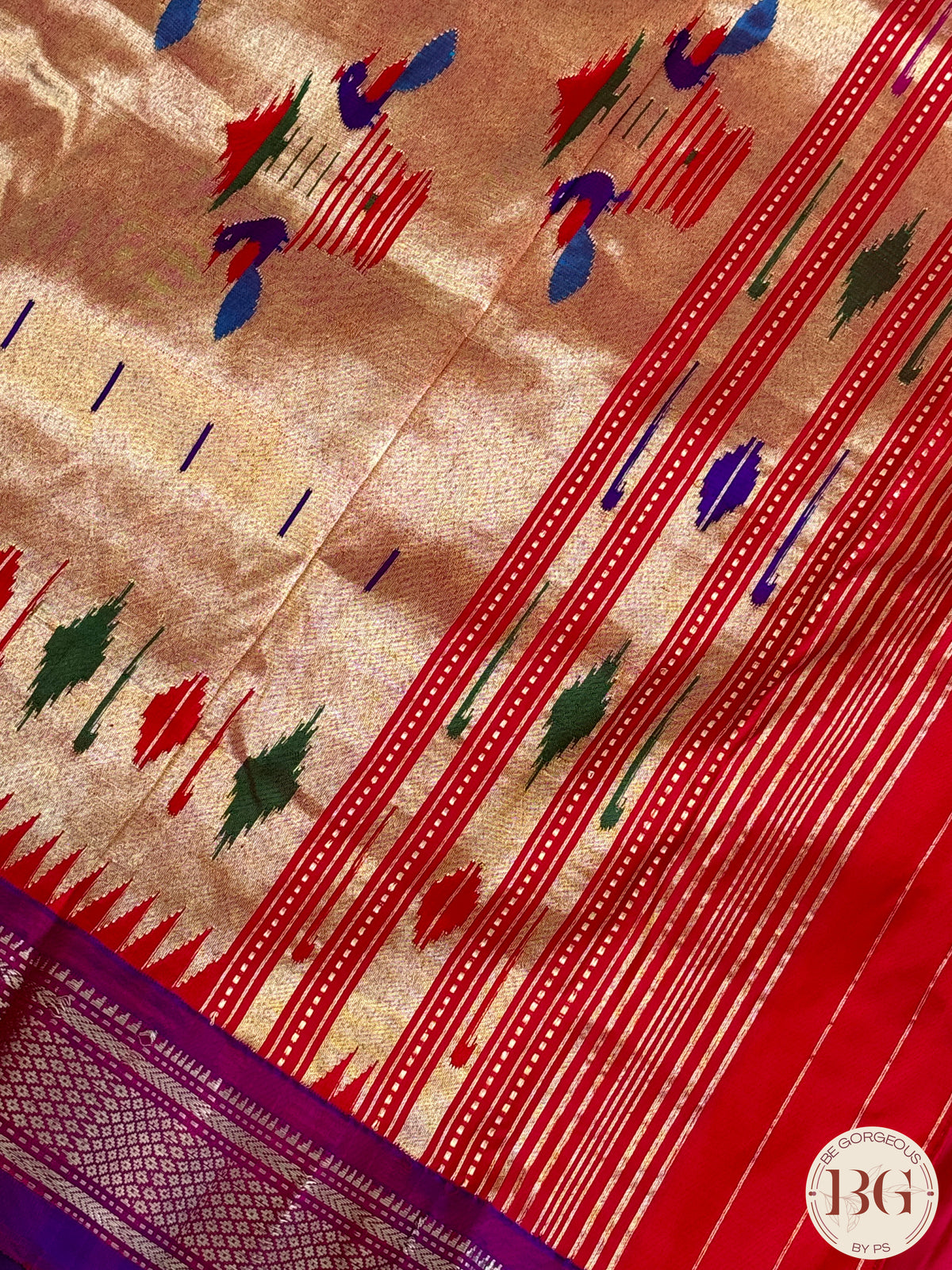 Paithani Pure Silk Handloom Saree - Pink Red with purple